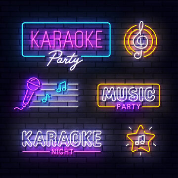 Karaoke neon sign. Glowing neon light signboard of Music party. Sign of Karaoke with colorful neon lights isolated on brick wall. Vector illustration