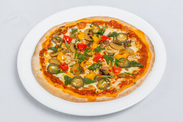 Hot fresh Chicken mushroom jalapeno pizza on white plate isolated white background. Homemade Pizza. Top views.