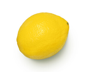 Close up ripe yellow lemon isolated on white background. Lemon plant close-up on white with light shadow.