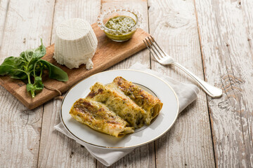 cannelloni with pesto sauce and ricotta cheese