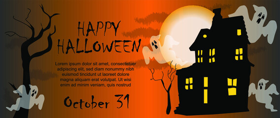 Tarjeta de celebración para Halloween, fondo degradado aterrador, fantasmas que rodean una casa oscura y tenebrosa con la luna de fondo y árboles secos.
Feliz Halloween texto