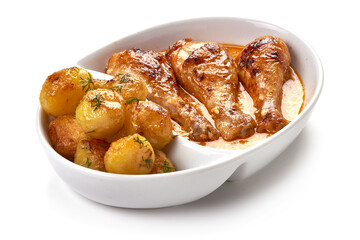 Roasted chicken with baked potaotes, isolated on white background