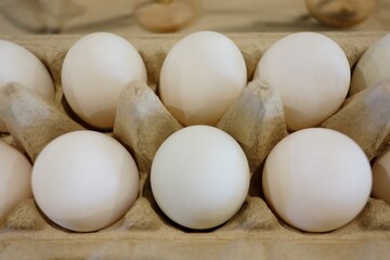 In selective Many white raw eggs in the paper basket and selling at the organic market