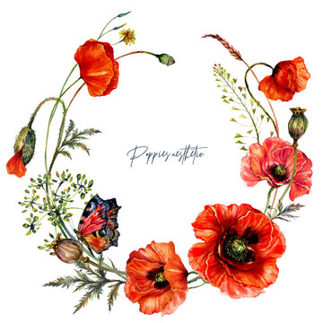Watercolor Wreath made of Red Poppy Flowers in Vintage Style.