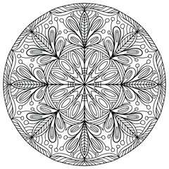 drawn mandala with ornaments and abstract flowers on a white background for coloring, vector