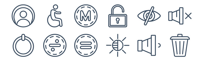 12 pack of icons. thin outline icons such as eliminar, birghtness, division, desativated, medium, desactivate for web and mobile apps, logo