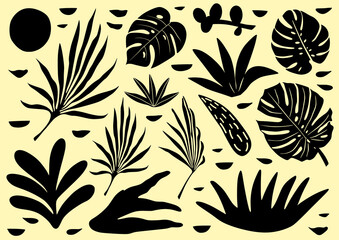 Tropical flowers, palm leaves, jungle leaves, hibiscus. Vector exotic floral illustration, Hawaiian bouquet for greeting card, wedding, Wallpaper. Set of abstract tropical leaves. Monstera, palm