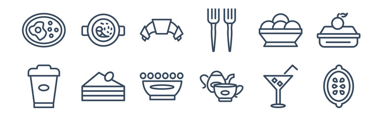 12 pack of icons. thin outline icons such as half lemon, tea set, cut cake piece, ice cream cup, bakery croissant, paella with parwns for web and mobile apps, logo