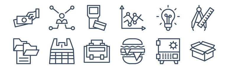 12 pack of icons. thin outline icons such as empty box, basic burger, supermarket bag, round light bulb, reader, thin for web and mobile apps, logo