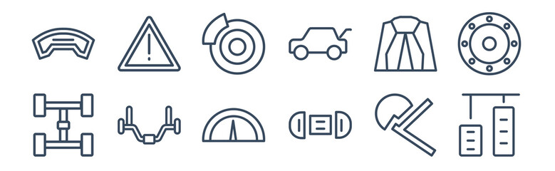 12 pack of icons. thin outline icons such as car accelerator, car alternator, car anti-roll bar, bonnet, brake, brake light for web and mobile apps, logo