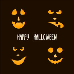Card or banner with text "Happy halloween" with halloween pumpkin faces on dark background. Vector stock flat illustration.