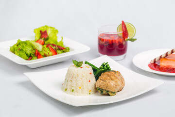 Valentine's day special dinner course food platter on isolated white background. Valentine's meal platter. Valentine's day food offer.