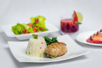 Valentine's day special dinner course food platter on isolated white background. Valentine's meal platter. Valentine's day food offer.
