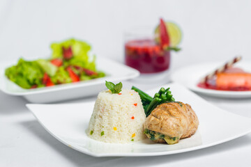 Valentine's day special dinner course food platter on isolated white background. Valentine's meal platter. Valentine's day food offer.