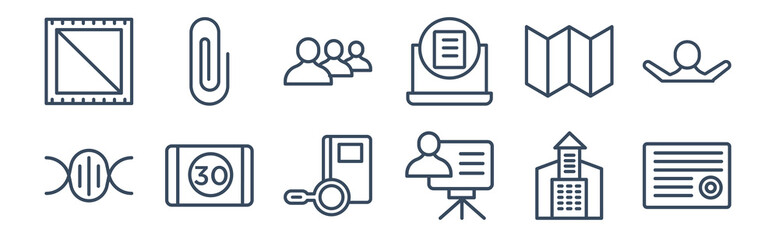 12 pack of icons. thin outline icons such as sealed diploma, teacher with stick, digital display 30, world map, group of people, paperclip for web and mobile apps, logo