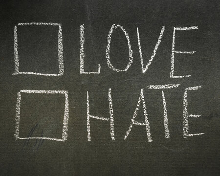 Questionnaire written in chalk on a blackboard with the words love or hate