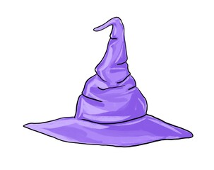 Hand drawn illustration of a purple old witch hat. A detail of a Halloween party costume. Traditional magic hat isolated on a white background