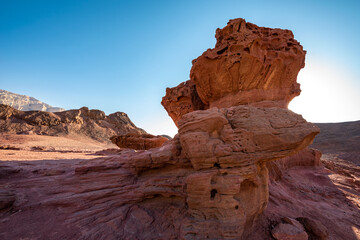 Sculpture of a Muchroom and a Half made by nature in the Arava Valley near Eilat. Timna Park....