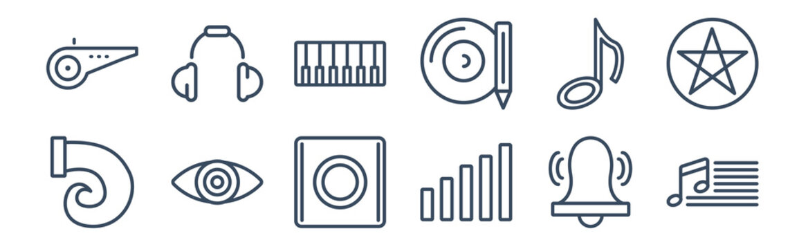 12 pack of icons. thin outline icons such as sheet music, volume bars, eyes, quaver note, piano class, school headphones for web and mobile apps, logo