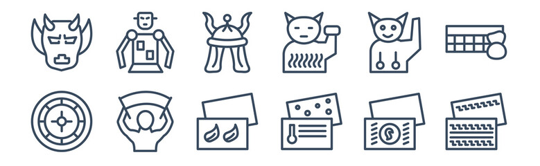 12 pack of icons. thin outline icons such as government business card, chemistry business card, demostration, lucky cat toy, samurai head of japan, robot of japan for web and mobile apps, logo