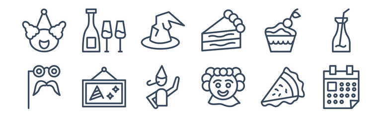 12 pack of icons. thin outline icons such as calendar with date, clown head, birthday pictures, cupcake with big cherry, wizard hat, bottle and two glasses for web and mobile apps, logo