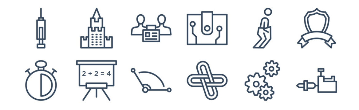 12 pack of icons. thin outline icons such as tattoo machine, interlock, blackboard with basic calculations, sack race, limited liability, null for web and mobile apps, logo