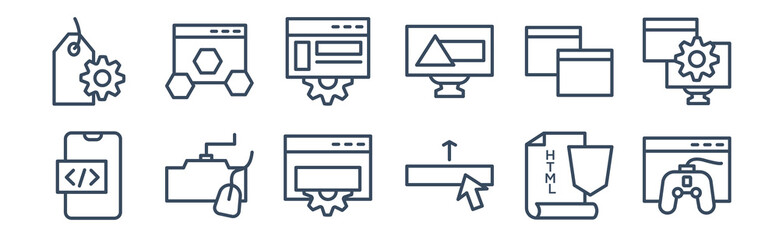 12 pack of icons. thin outline icons such as game development, hyperlink, keyboard and mouse, page, program interface, programming language for web and mobile apps, logo
