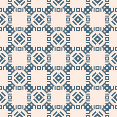 Vector geometric seamless pattern with small rhombuses, squares, square grid, lattice, lines, tiles. Abstract texture in blue and beige color. Simple background. Repeat design for decor, fabric, print