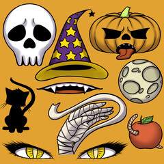 Halloween, colored icons with shadows. The attributes of the holiday Halloween. Skull, hat, yellow pumpkin, black cat, ominous eyes, worm-red Apple, dead man's hand, skeleton, vampire's teeth, globe.