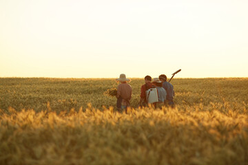 Back view wide angle at workers holding tools while walking across golden field in sunset light,...