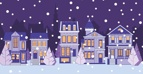 Fototapeta premium Festive Christmas street. Houses are decorated with colored garlands and Christmas trees. Falling snow.