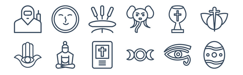 12 pack of icons. thin outline icons such as easter eggs, goddess, great buddha, holy chalice, incense, indulgence for web and mobile apps, logo