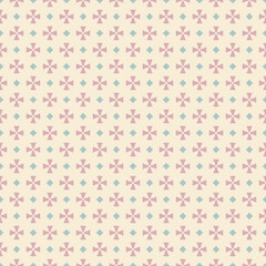 Simple geometric floral seamless pattern. Abstract vector ornament with small flower silhouettes, crosses, diamonds. Blue, pink and beige color. Elegant minimal texture. Repeat design for wallpapers
