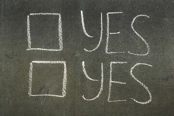 Questionnaire written in chalk on a blackboard with the words yes. Choice without choice. Hobson's choice.