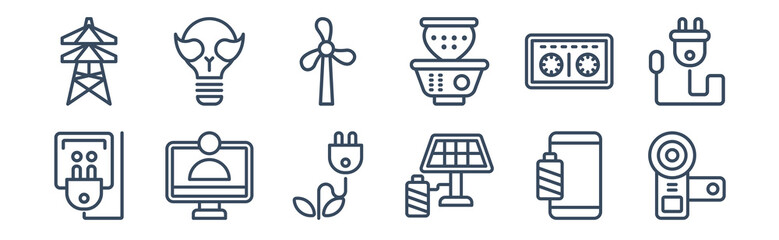 12 pack of icons. thin outline icons such as little camcorder, solar battery, telemarketing, cassette tape, eolic, ecologic bulb for web and mobile apps, logo