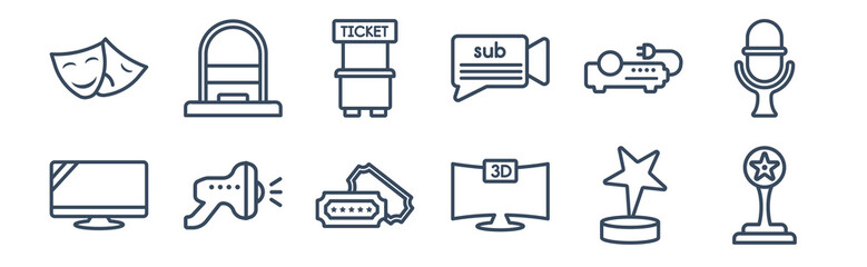 12 pack of icons. thin outline icons such as movie award, 3d television, loud speaker facing right, projector with plug, ticket office, ticket window for web and mobile apps, logo