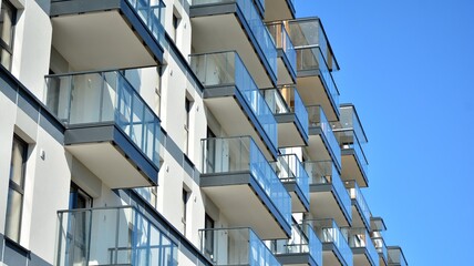 Architectural details of modern apartment building. Modern european residential apartment building complex.