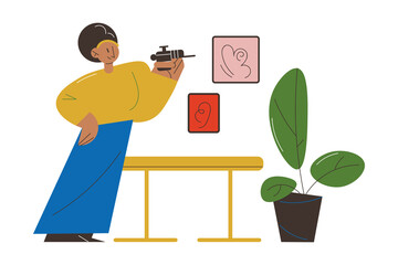 tattoo master standing in tattoo studio with tattooing machine and waiting for new client