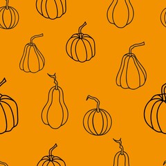 Vector seamless editable texture on an orange background black linear pumpkins of various types and shapes. Suitable for decoration on the theme of autumn or Halloween.