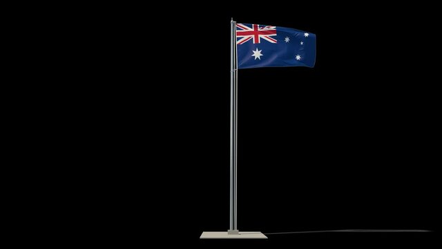 Australia flag on a flagpole in full growth waving in the wind. You can cut this footage from the background (Luma Mattes). The Commonwealth of Australia.