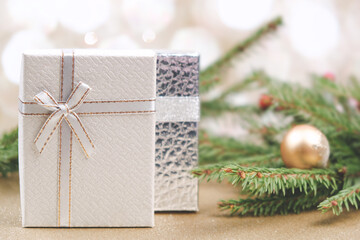 Christmas gifts. Christmas background with gift boxes. Christmastime celebration.