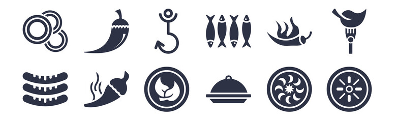 12 pack of black filled icons. glyph icons such as mantou, salver, spicy food, hot pepper, sardines, fishing tool, chili pepper for web and mobile apps, logo