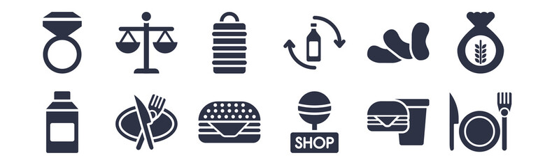 12 pack of black filled icons. glyph icons such as restaurant, candy shop, bistro, bean, recycling bottles, tiffin, fair for web and mobile apps, logo