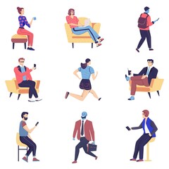 People in the process of work and rest. Flat cartoon vector illustration.
