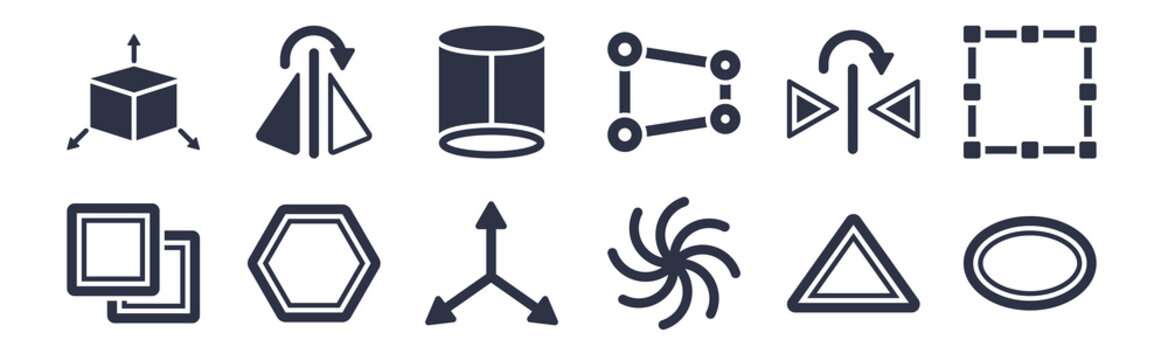 12 pack of black filled icons. glyph icons such as oval, spiral, polygon, mirror horizontally, distort, cylinder, flip for web and mobile apps, logo