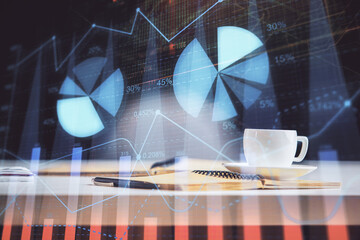 Multi exposure of forex graph drawing and desktop with coffee and items on table background. Concept of financial market trading