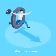 isometric vector image on a blue background, a man in business clothes with a briefcase runs through the number 0, business start from zero