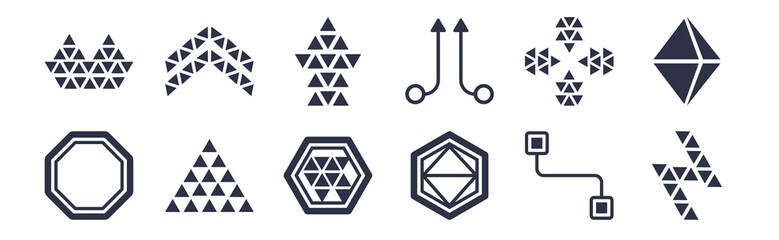 12 pack of black filled icons. glyph icons such as lightning bolt polygonal, metatron cube, multiple triangles triangle, ornamental rotating polygonal, parallel, polygonal arrow up, ascendant for