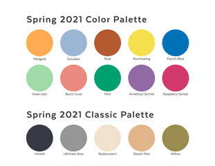 Spring / Summer 2021 Color Palette Example. Future Color Trend Forecast. Saturated and Classic Neutral Color Samples Set. Palette Guide with Named Color Swatches Included in EPS File. Letter format. - 377993959