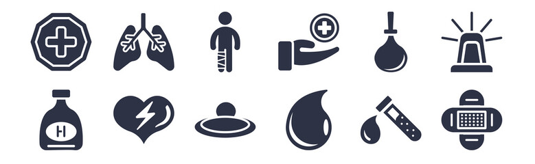 12 pack of black filled icons. glyph icons such as band aid, blood drop, defibrillator, enema, health care, injury, lung for web and mobile apps, logo